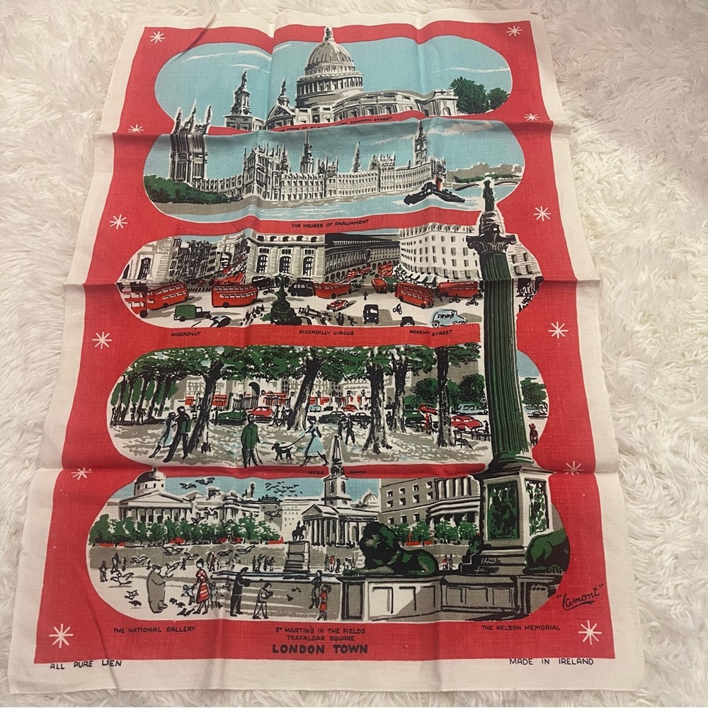 Linen London Town Scene Pure Linen Tea Towel Vintage Made in Ireland